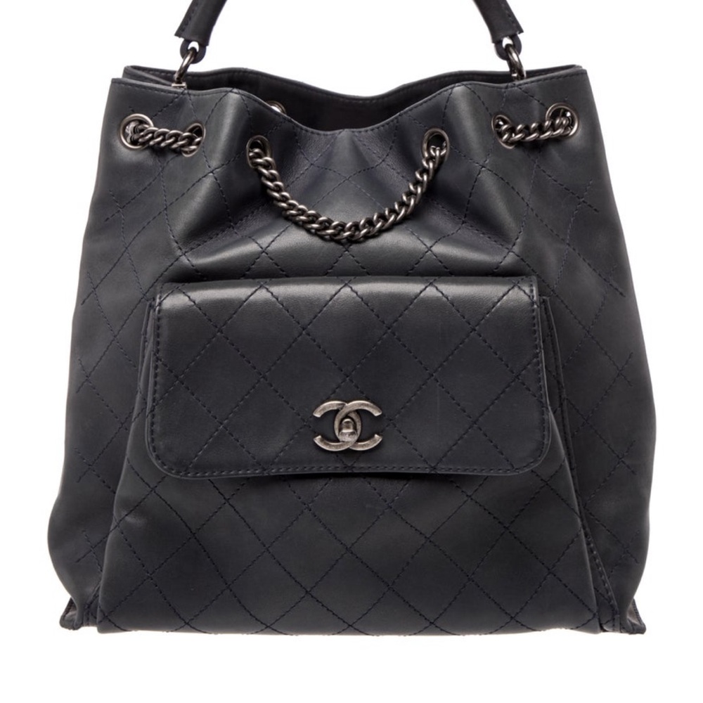 Chanel Navy Blue Quilted Leather Tote Bag